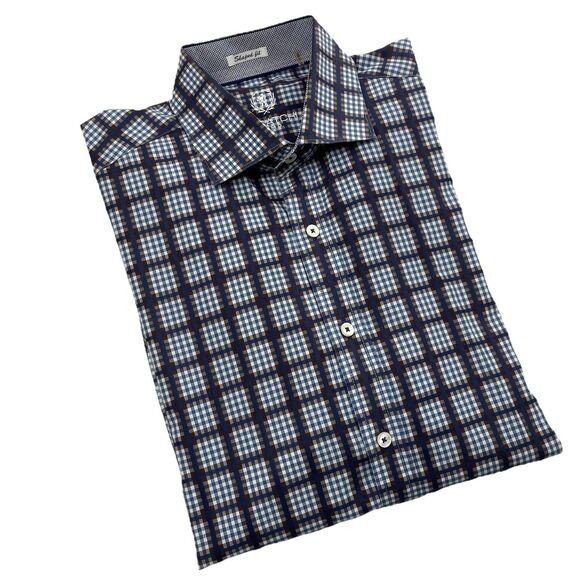 Bugatchi Mens Windowpane Plaid Long Sleeve Button Up Blue Brown- M - Picture 1 of 15